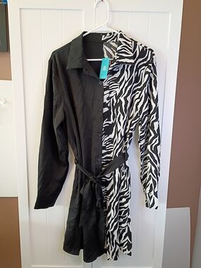 Half Black Half Zebra Print Button-Up Shirt Dress